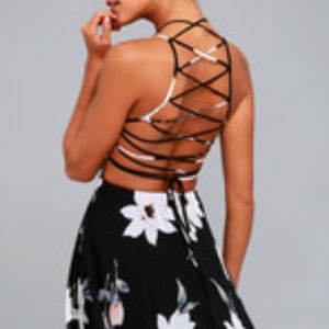 Lulu's Happy Together Black Floral Lace-up Dress S
